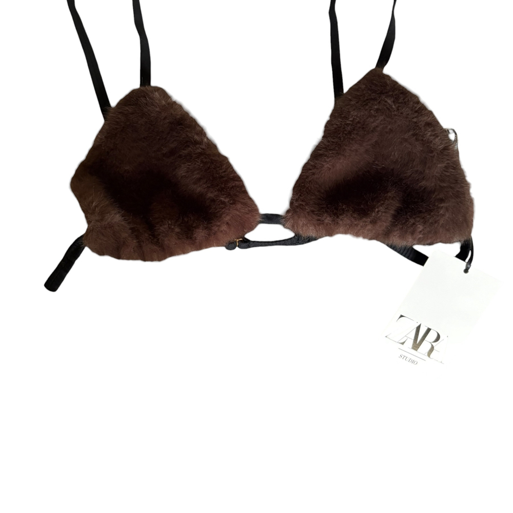 Zara Limited Edition Faux Fur Bralette Brown Size L NWT